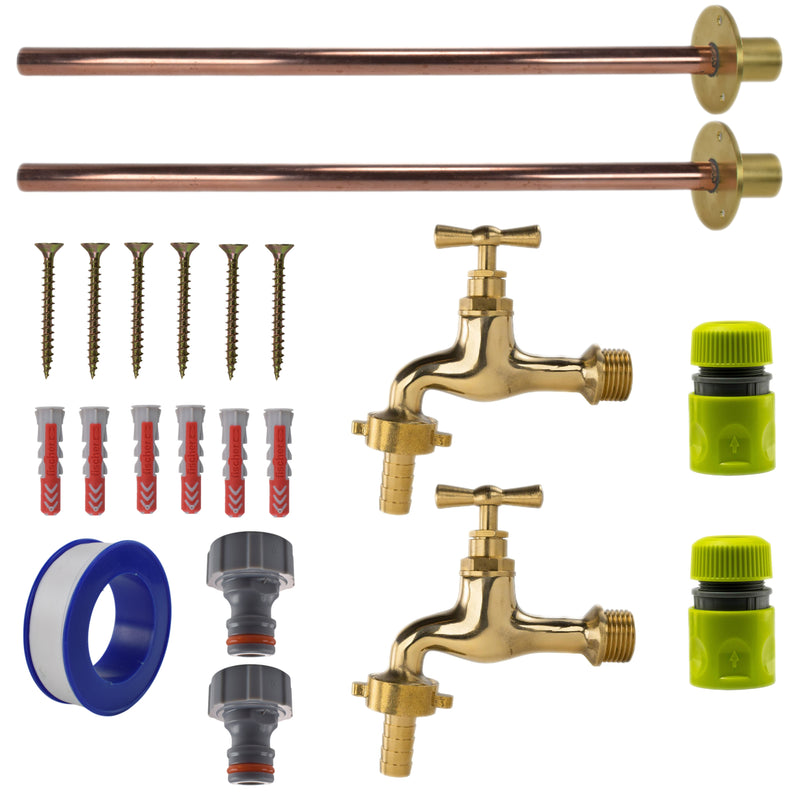 Polished Brass 13mm Barb Tap BASIC Connection Kit x2 - Garden watering
