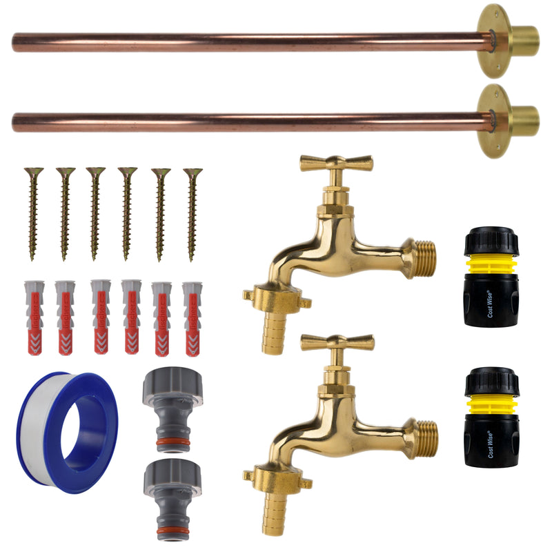 Polished Brass 13mm Barb Tap BASIC Connection Kit x2 - Garden watering