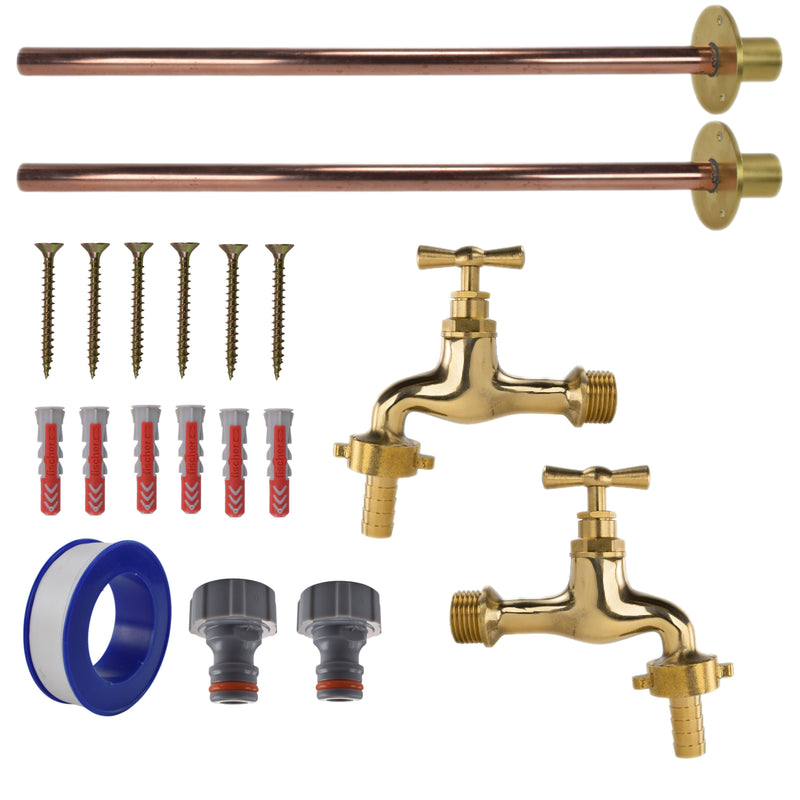 Polished Brass 13mm Barb Tap BASIC Connection Kit x2 - Garden watering