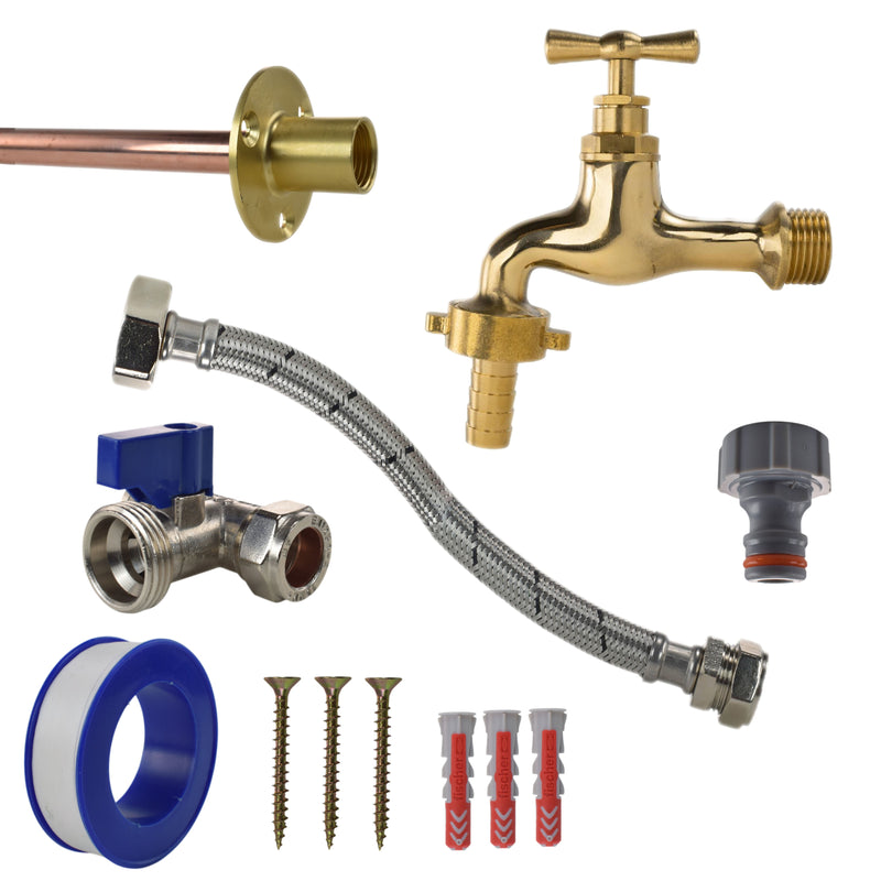 Polished Brass 13mm Barb Tap STANDARD Connection Kit - Garden watering