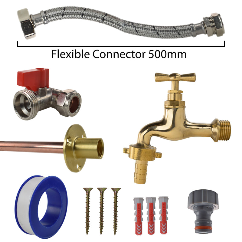 Polished Brass 13mm Barb Tap STANDARD Connection Kit - Garden watering