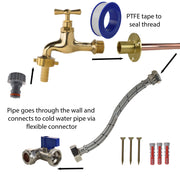 Polished Brass 13mm Barb Tap STANDARD Connection Kit - Garden watering