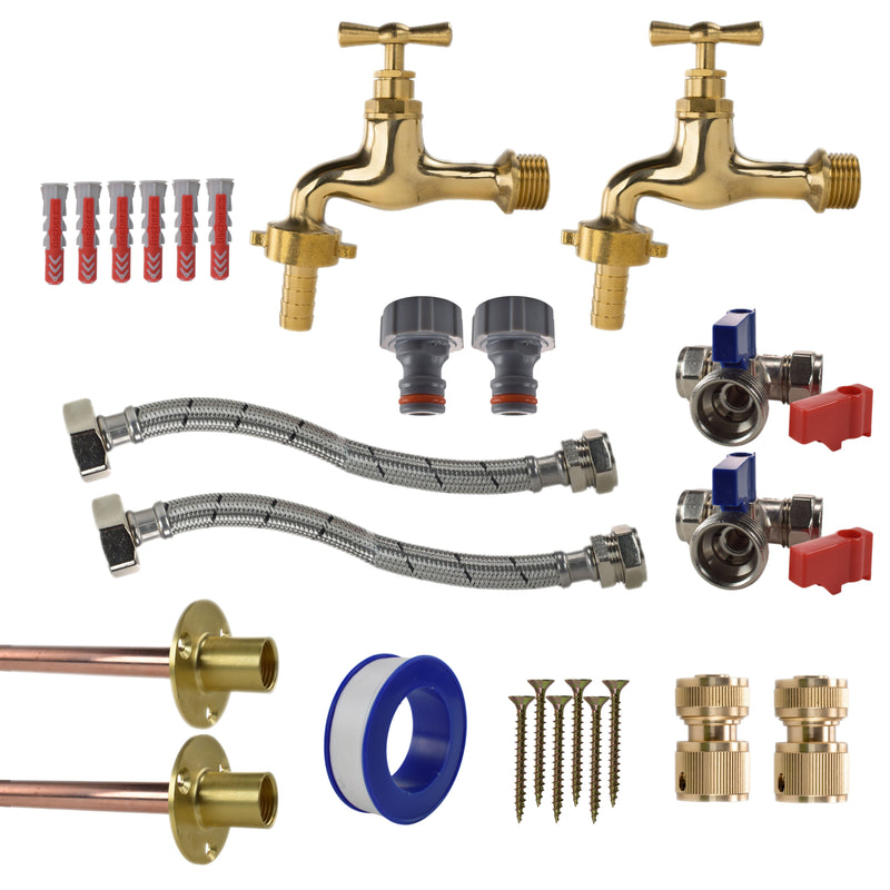 Polished Brass 13mm Barb Tap STANDARD Connection Kit x2 - Garden watering