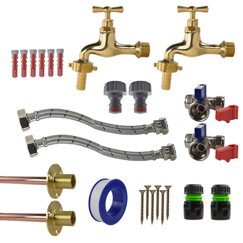Polished Brass 13mm Barb Tap STANDARD Connection Kit x2 - Garden watering