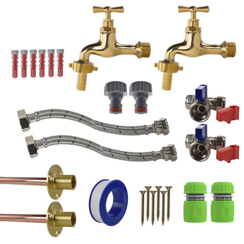 Polished Brass 13mm Barb Tap STANDARD Connection Kit x2 - Garden watering