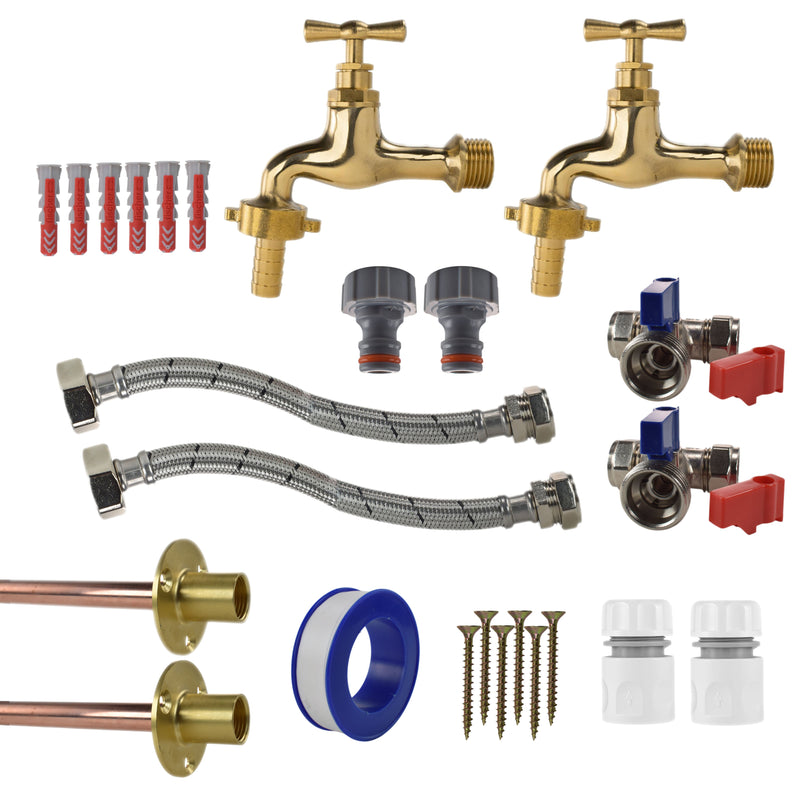 Polished Brass 13mm Barb Tap STANDARD Connection Kit x2 - Garden watering