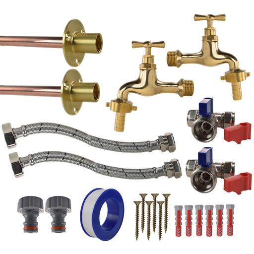 Polished Brass 13mm Barb Tap STANDARD Connection Kit x2 - Garden watering