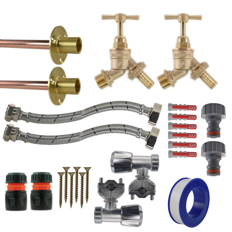 Brass Barbed Bib Tap FULL Connection Kit x2 - Garden watering