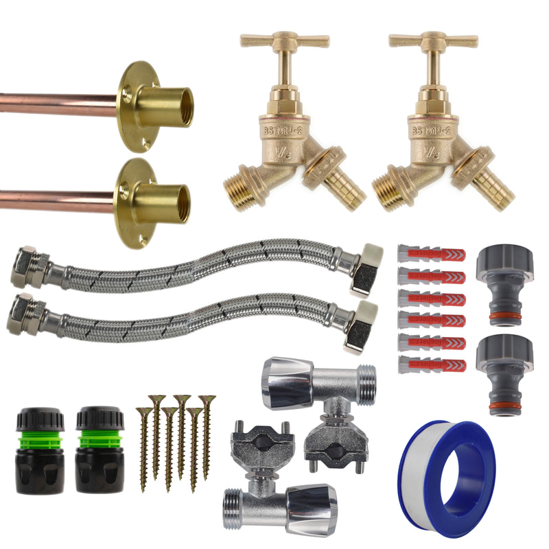 Brass Barbed Bib Tap FULL Connection Kit x2 - Garden watering