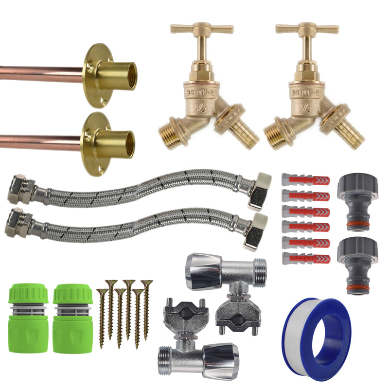 Brass Barbed Bib Tap FULL Connection Kit x2 - Garden watering