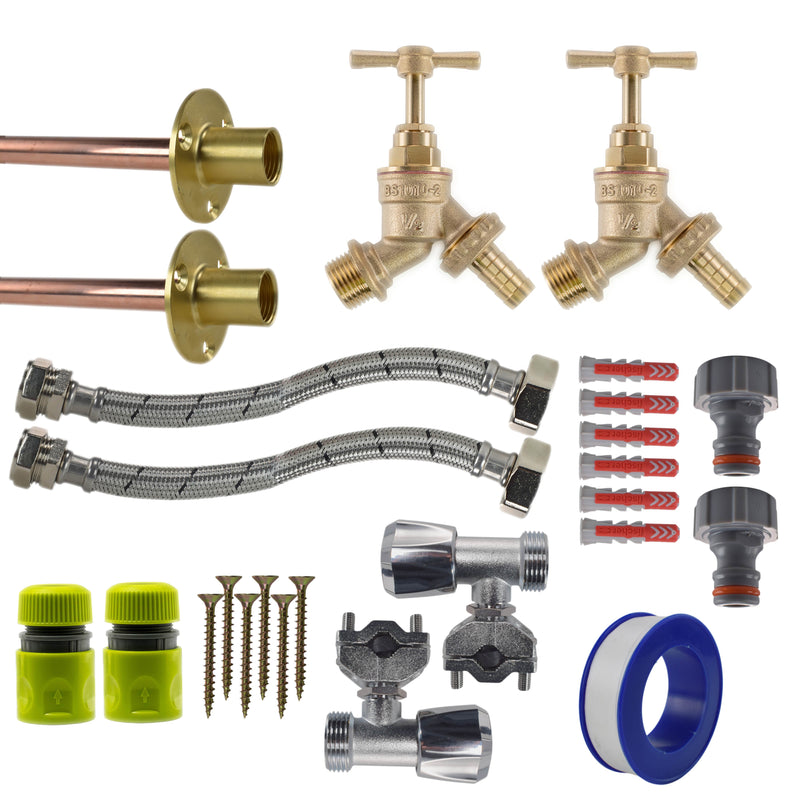Brass Barbed Bib Tap FULL Connection Kit x2 - Garden watering