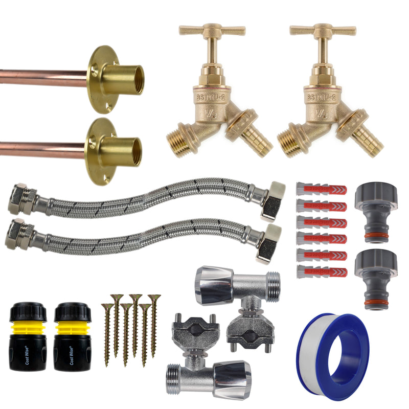 Brass Barbed Bib Tap FULL Connection Kit x2 - Garden watering