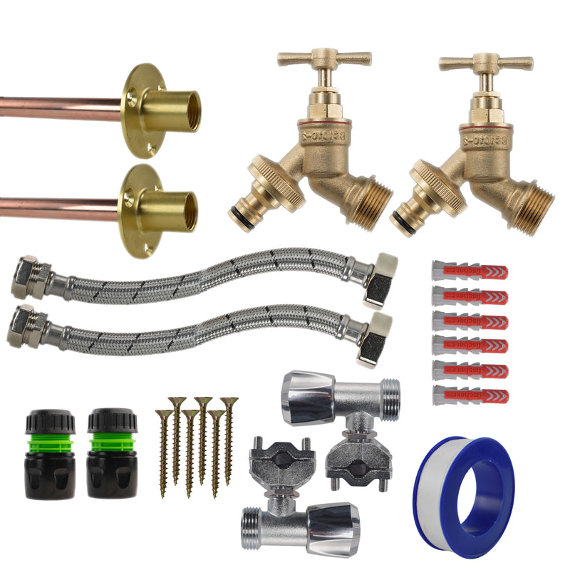 Brass Quick Connect Bib Tap FULL Connection Kit x2 - Garden watering