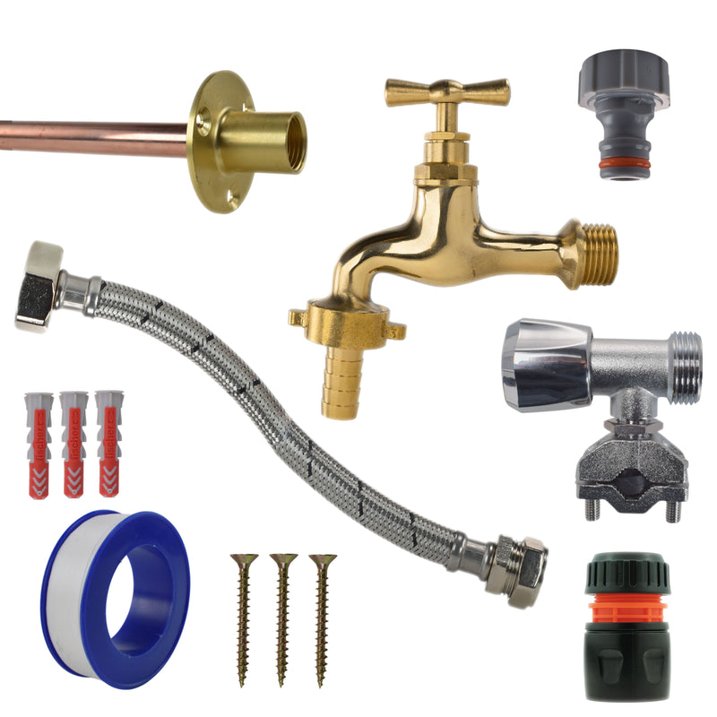 Polished Brass 13mm Barb Tap FULL Connection Kit - Garden watering