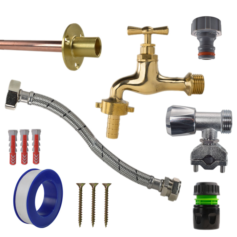 Polished Brass 13mm Barb Tap FULL Connection Kit - Garden watering