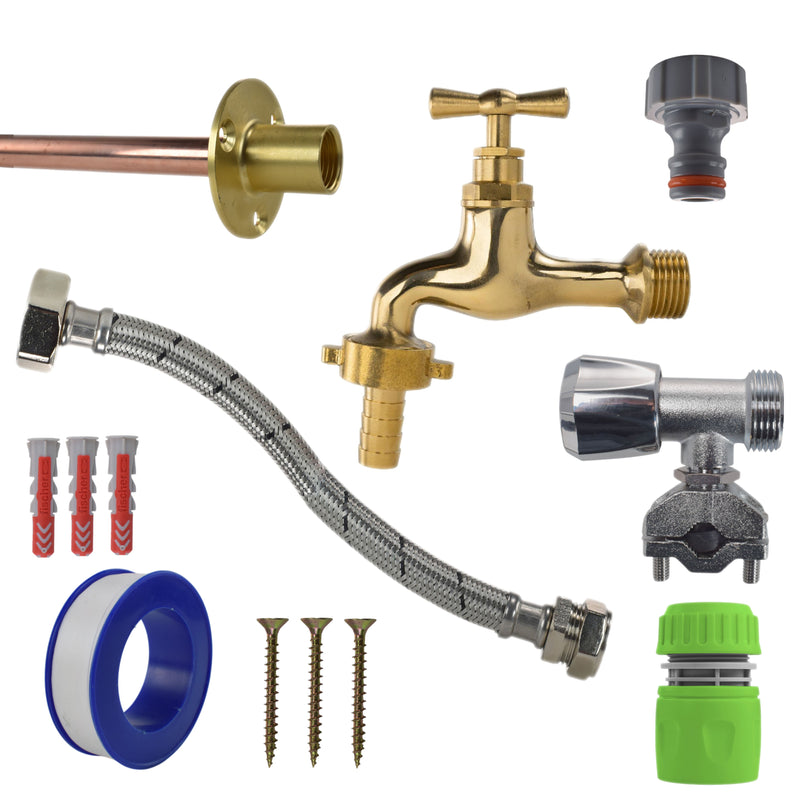 Polished Brass 13mm Barb Tap FULL Connection Kit - Garden watering
