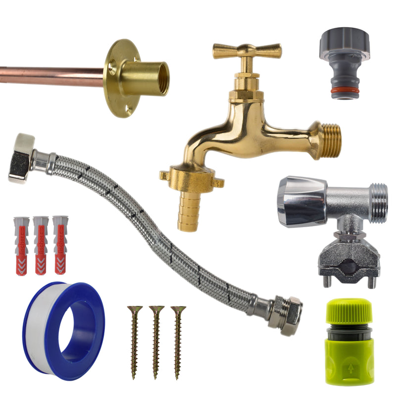 Polished Brass 13mm Barb Tap FULL Connection Kit - Garden watering