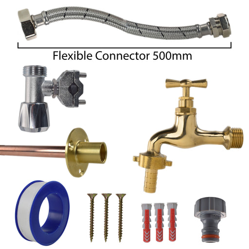 Polished Brass 13mm Barb Tap FULL Connection Kit - Garden watering