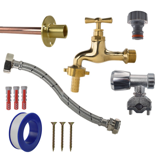 Polished Brass 13mm Barb Tap FULL Connection Kit - Garden watering