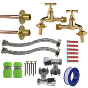 Polished Brass 13mm Barb Tap FULL Connection Kit x2 - Garden watering