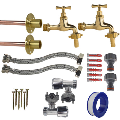 Polished Brass 13mm Barb Tap FULL Connection Kit x2 - Garden watering