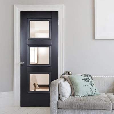 Amsterdam Black Primed 3 Glazed Clear Bevelled Light Panel Interior Door - 1981mm x 762mm -