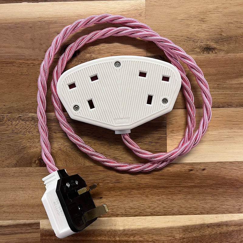 Pink Braided Fabric Decorative Extension Lead - 2 Gang White Trailing Socket - Extension Leads