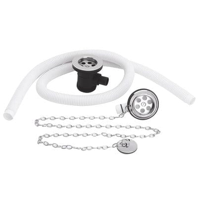 Plumbing components including a white hose and metal drain covers on a white background