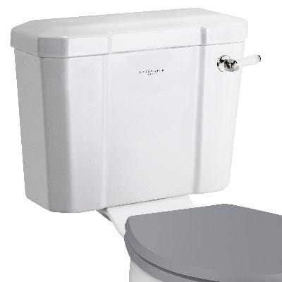 White toilet cistern with gray seat on a white background