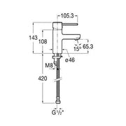 Technical drawing of a bathroom faucet with dimensions labeled
