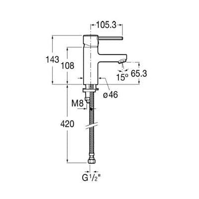Technical drawing of a bathroom faucet with dimensions labeled