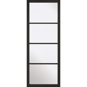 Black-framed mirror with five square glass panels on a white background