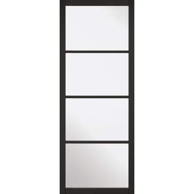 Black-framed mirror with five square glass panels on a white background
