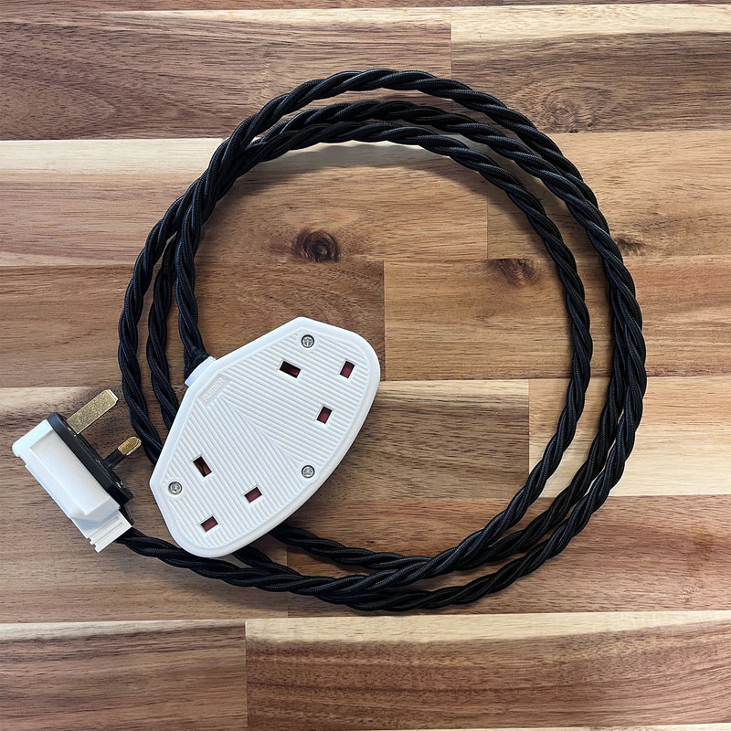 White / Grey / Black Braided Fabric Decorative Extension Lead - 2 Gang White Trailing Socket - Extension Leads