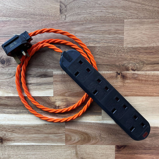 Orange / Pink / Red Braided Fabric Decorative Extension Lead - Black 4 Gang Trailing Socket - Extension Leads