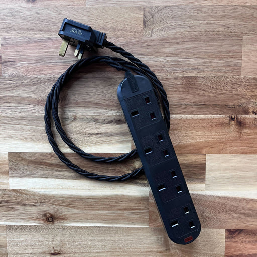 Black / Grey / White Braided Fabric Decorative Extension Lead - Black 4 Gang Trailing Socket - Extension Leads