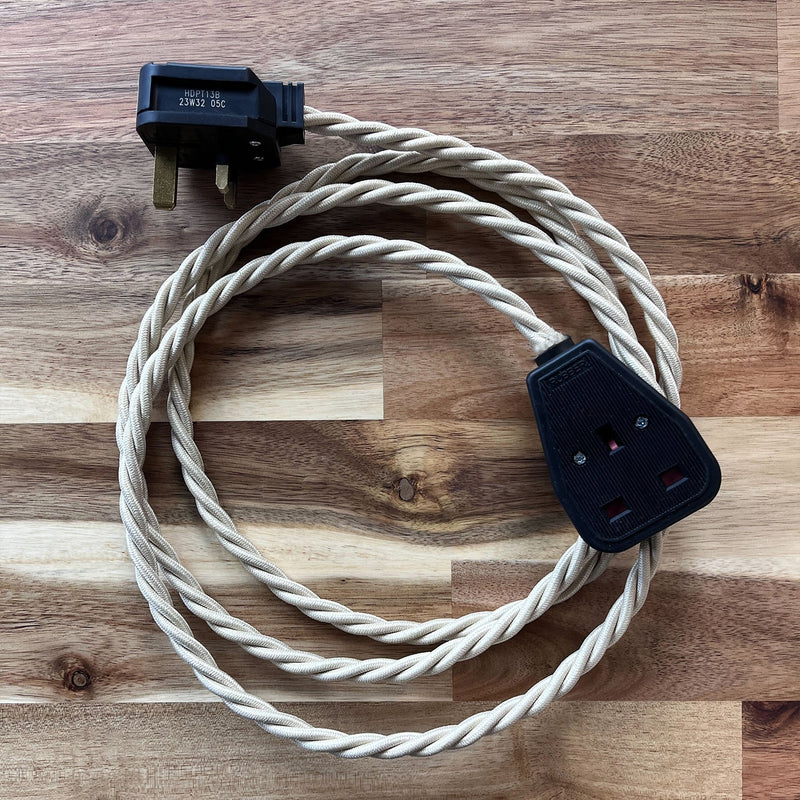 Cream / Linen Braided Fabric Decorative Extension Lead - Black 1 Gang Trailing Socket - Extension Leads