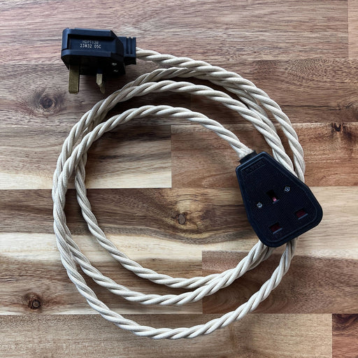 Cream / Linen Braided Fabric Decorative Extension Lead - Black 1 Gang Trailing Socket - Extension Leads