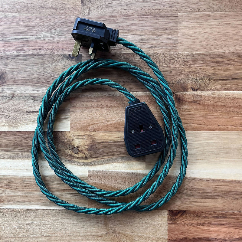 Green Braided Fabric Decorative Extension Lead - Black 1 Gang Trailing Socket - Extension Leads