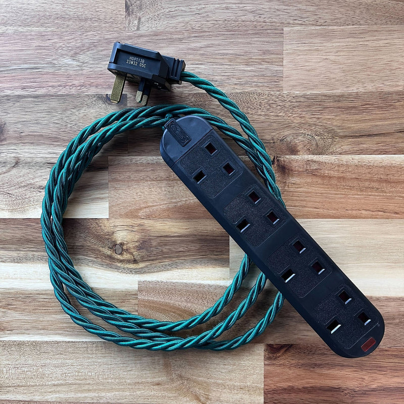 Green Braided Fabric Decorative Extension Lead - Black 4 Gang Trailing Socket - Extension Leads