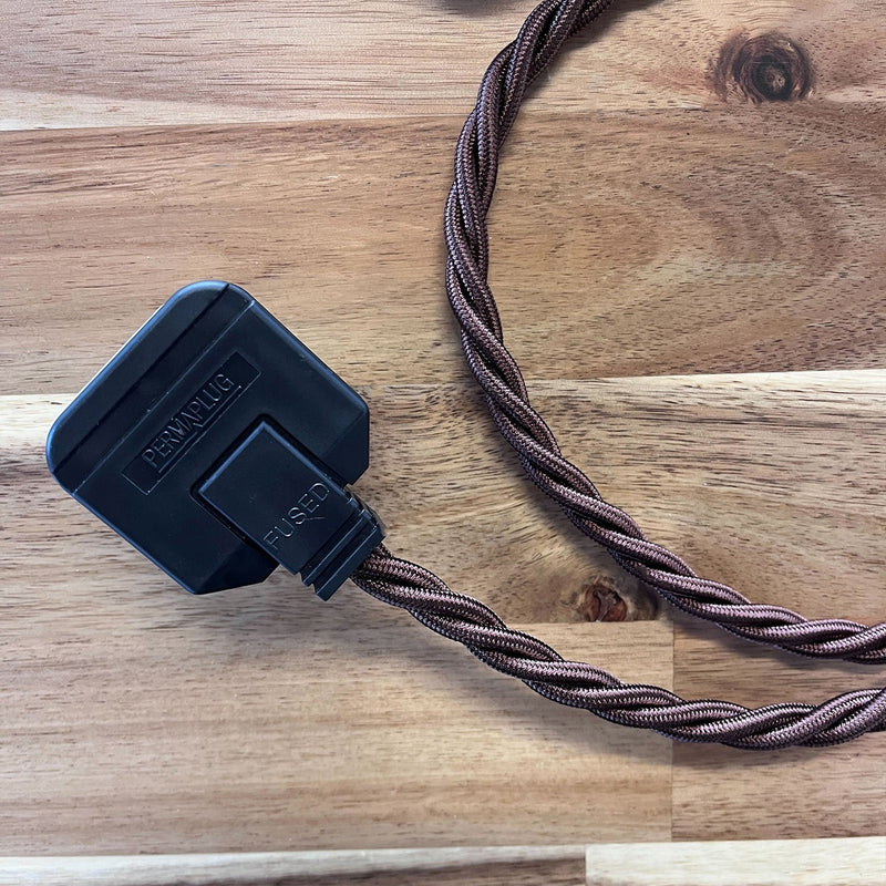 Brown / Gold / Yellow Braided Fabric Decorative Extension Lead - 2 Gang Black Trailing Socket - Extension Leads