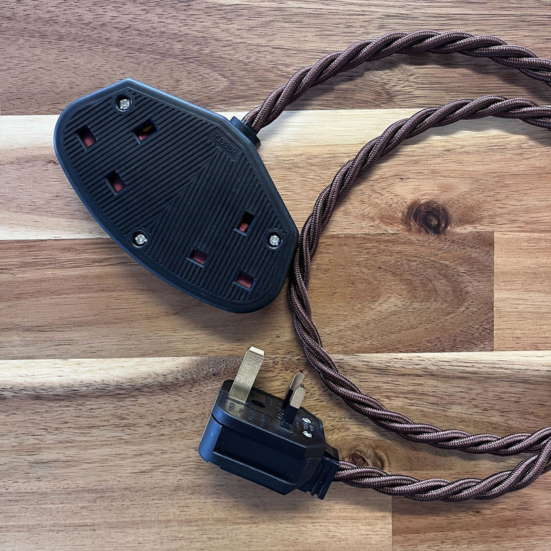 Brown / Gold / Yellow Braided Fabric Decorative Extension Lead - 2 Gang Black Trailing Socket - Extension Leads