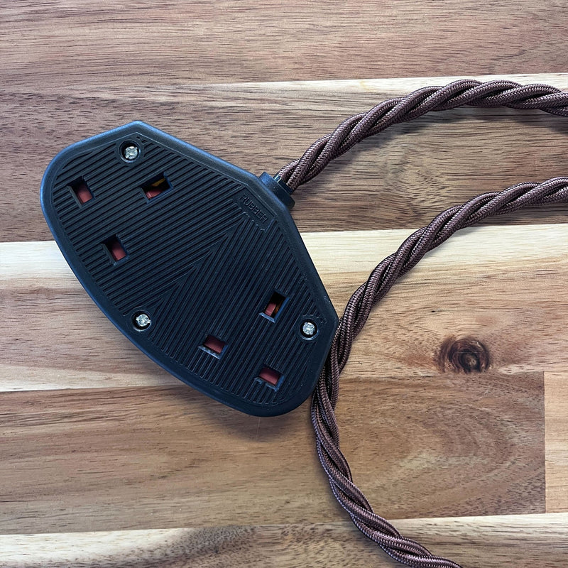 Brown / Gold / Yellow Braided Fabric Decorative Extension Lead - 2 Gang Black Trailing Socket - Extension Leads