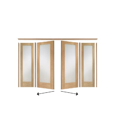 Set of four wooden doors with glass panels on a white background