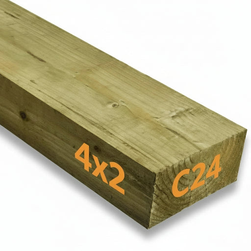Wooden beam with dimensions '4x2' and 'C24' printed on it against a white background