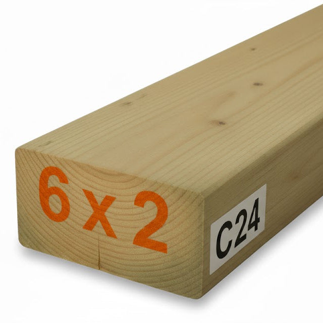 Wooden beam with dimensions '6 x 2' and label 'C24' on a white background
