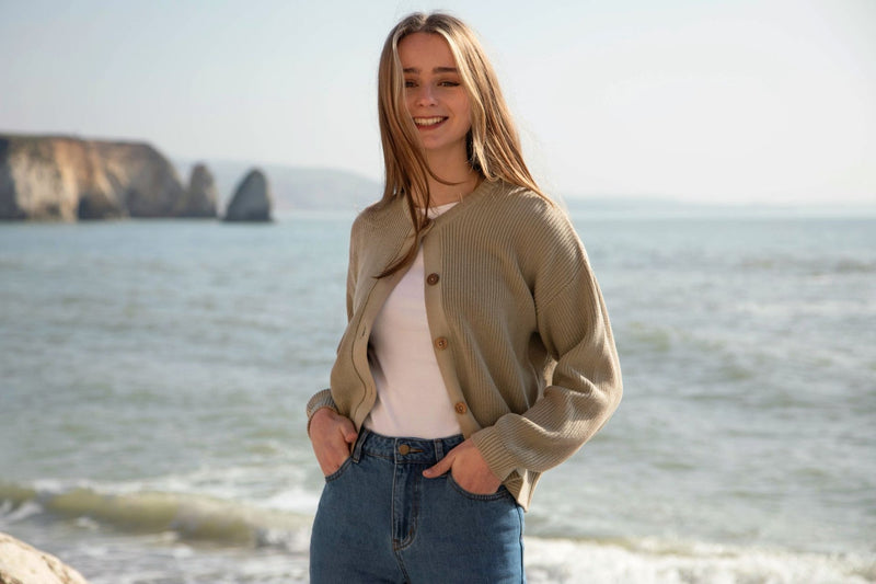 Organic Cotton Womens Beige Crew Neck Work Cardigan Sizes 8-18 uk - Sustainable Workwear Range