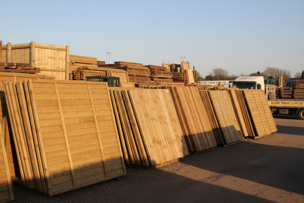 do me a picture of a timber yard with fence panels for sale 