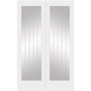 Pair of white framed glass doors with vertical slats on a white background
