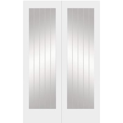 Pair of white framed glass doors with vertical slats on a white background